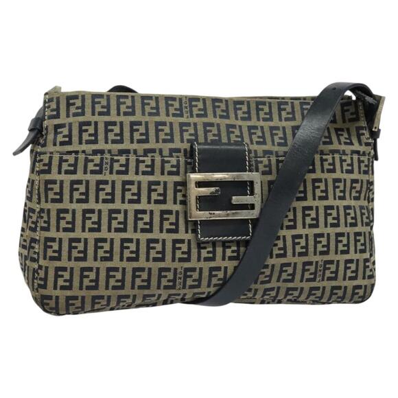 FENDI Zucchino Canvas Mamma Baguette Shoulder Bag Navy Silver - Picture 1 of 12